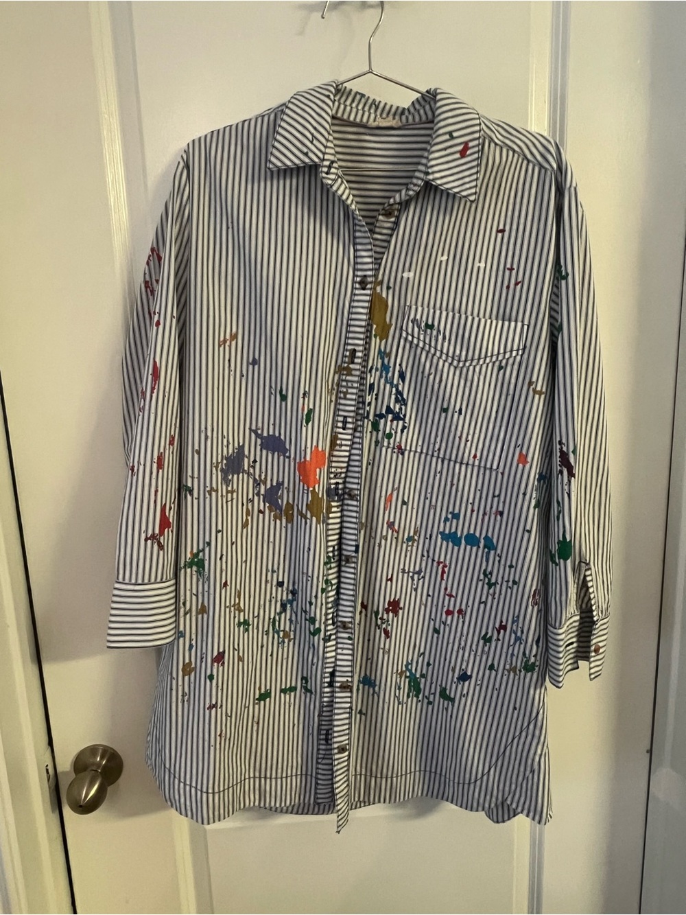 Pilcro Blue & White Striped Button-Up Shirt with Multicolor Paint Splatter